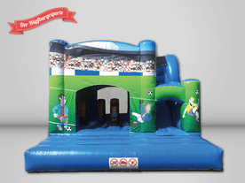 Der Hüpfburgexperte große blauen Hüpfburg mit Rutsche, im Fußball Design.