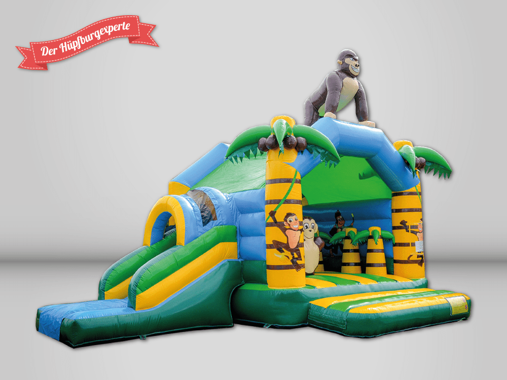 Kinder spielen auf einer Party im Freien mit einer aufblasbaren Rutsche, Vier gewinnt und einem mechanischen Bullen.