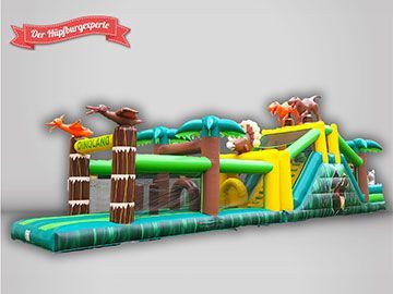 Der Hüpfburgexperte rot-weiße Hüpfburg mit Dach, im Burg Design.