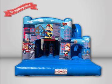 Der Hüpfburgexperte große blaue Hüpfburg mit Rutsche, im Feuerwehr Design.