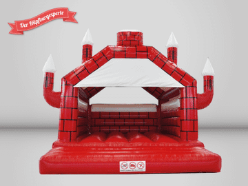Der Hüpfburgexperte rot-weiße Hüpfburg mit Dach, im Burg Design.