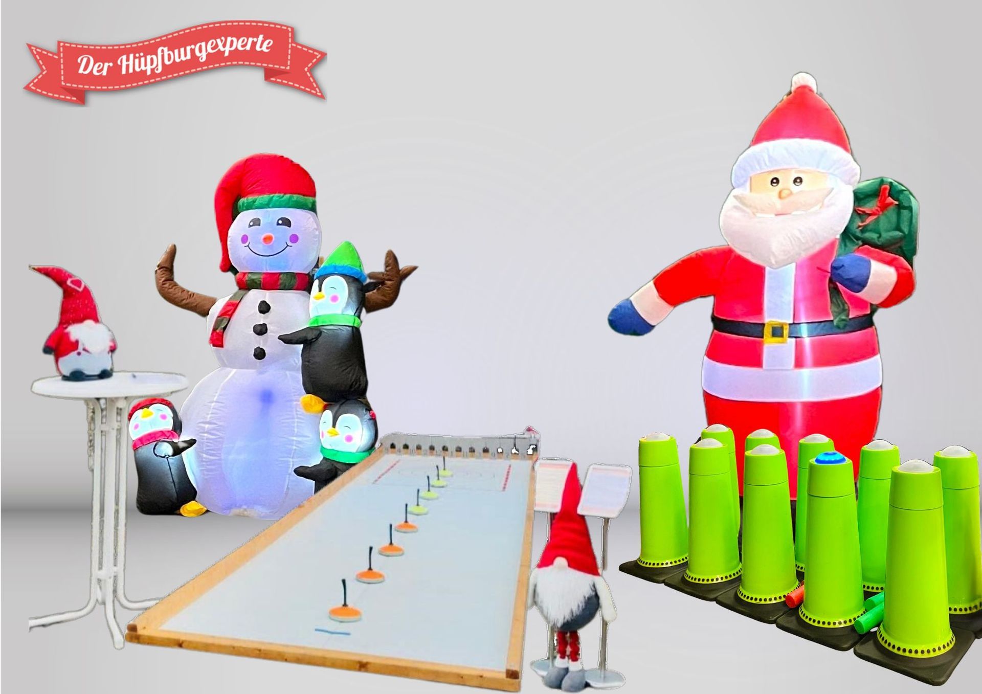 Weihnachtsspiele für draußen: Aufblasbarer Schneemann, Weihnachtsmann, Zwerge, Eisbahnspiel, grüne Kegel.