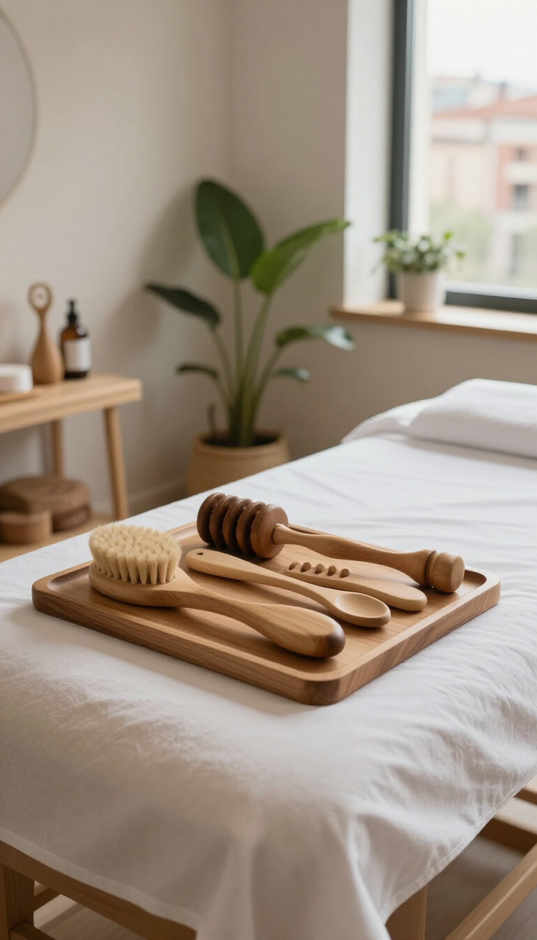 Herramientas de masaje de madera sobre una cama en una habitación luminosa con aspecto de spa.