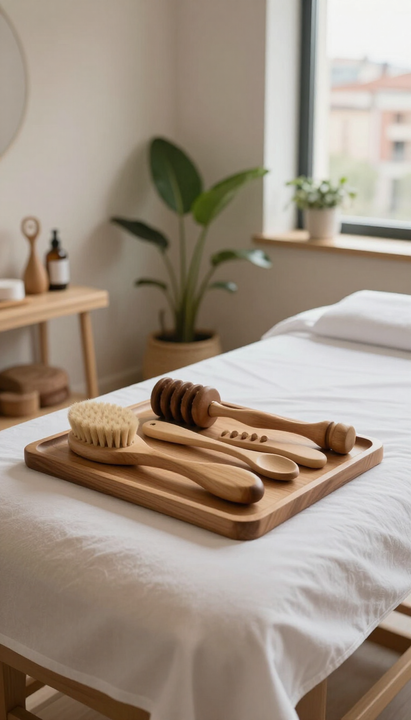 Herramientas de masaje de madera sobre una cama en una habitación luminosa con aspecto de spa.