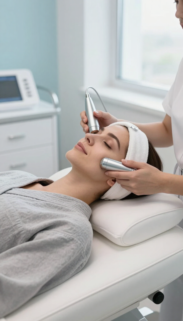 Persona recibiendo un tratamiento facial con dispositivos portátiles en la sala de tratamientos de una clínica de spa.