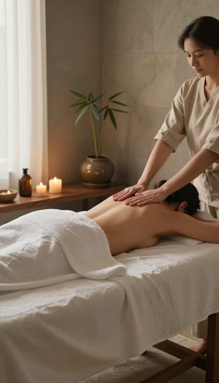 Masajista de spa dando un masaje de espalda a un cliente en una camilla de tratamiento en una habitación tranquila con velas.