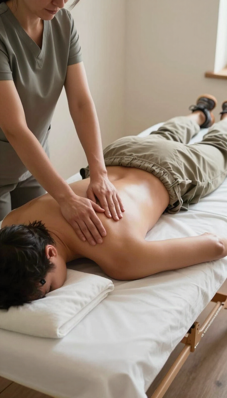 Masajista dando un masaje de espalda a un cliente en una camilla en una sala de spa.