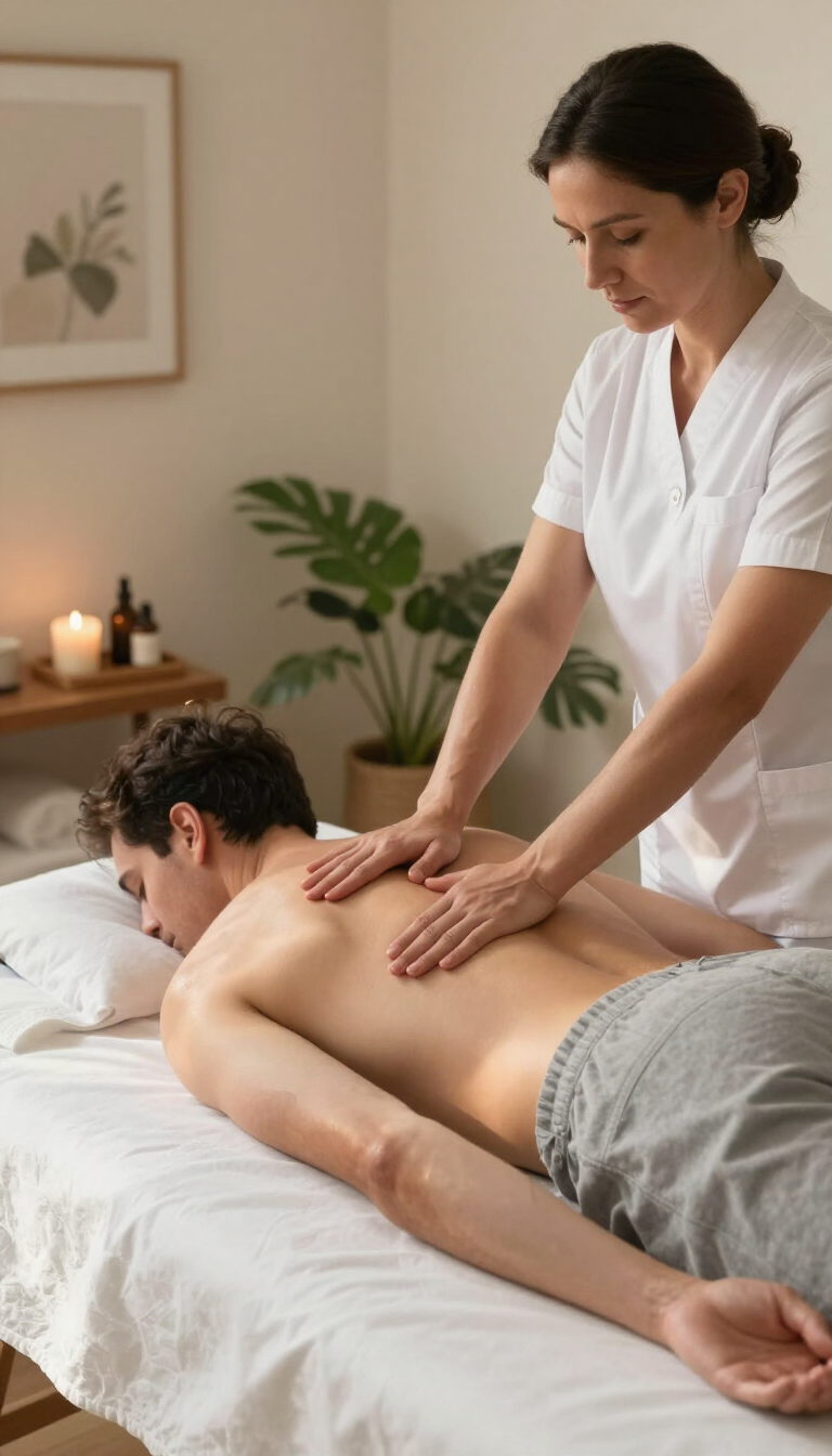 Masajista dando un masaje de espalda a un cliente en una camilla de tratamiento en una tranquila sala de spa.