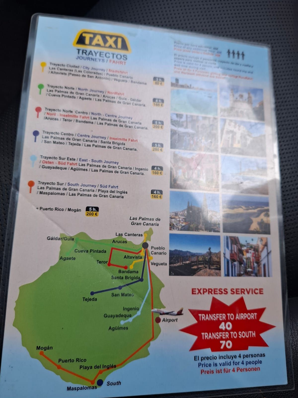 Una lista de precios de servicios de taxi para Gran Canaria, que incluye un mapa, una lista de destinos, precios y fotos panorámicas de la isla.