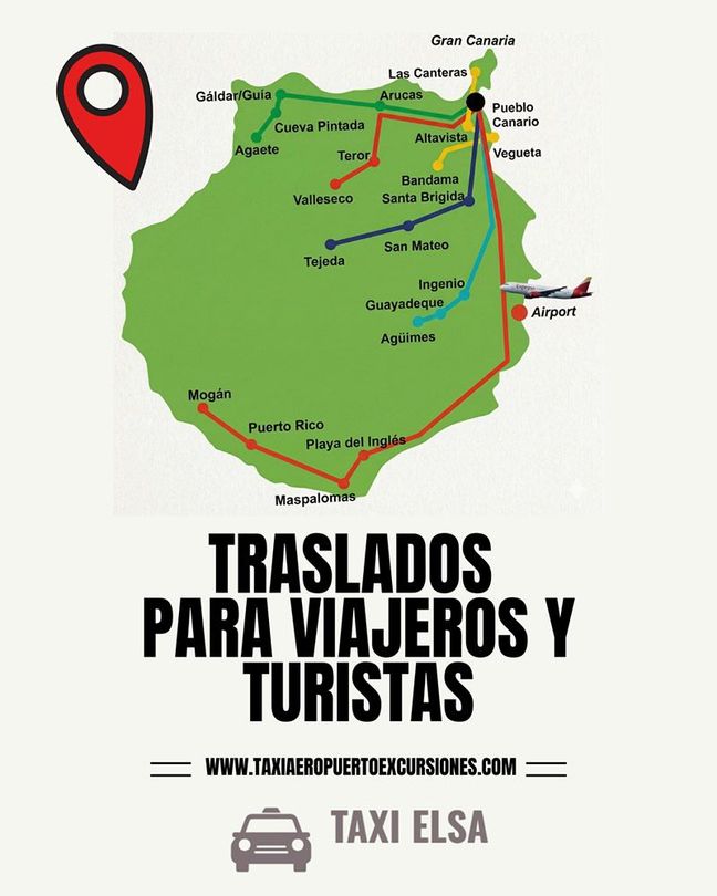 Map of Tenerife with route lines and taxi pin, labeled “Traslados para viajeros y turistas” and “Taxi Elsa”