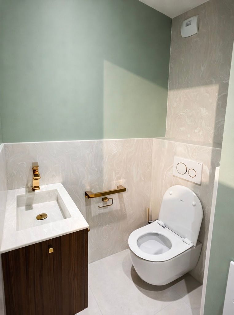 toilette mur vert sauge et carrelage beige. toilette suspendu blanc meuble lave main bois robinetterie doré. 