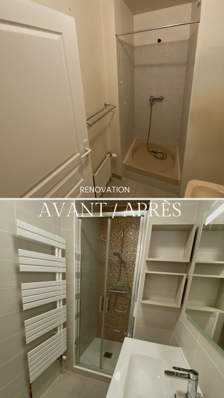 photo avant / après
avant: douche ancien avec petit radiateur a gauche et petit lavabo en céramique a droite .
après: Douche moderne avec, parois de douche, sèche serviette a gauche et meuble avec lavabo a droite. étage et miroir. robinetterie chromé