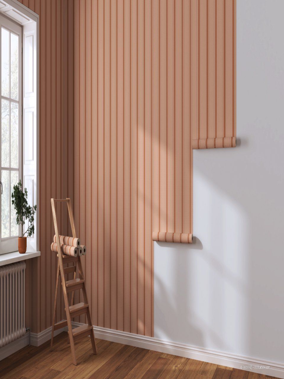 Eine vertikale Holzlamellenwand neben einem hellen Fenster, eine kleine Leiter und eine Hängepflanze in einem minimalistischen Raum