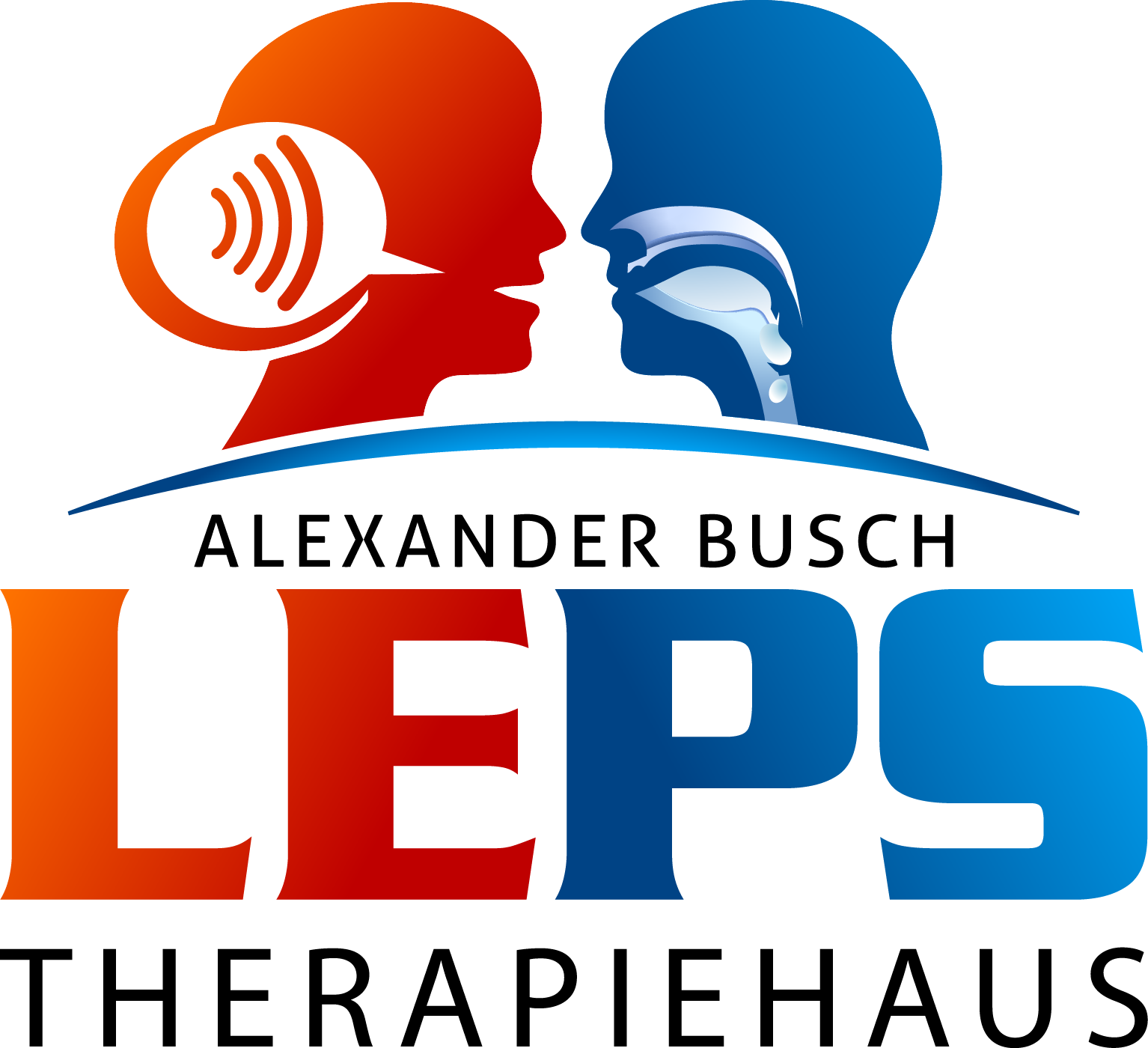 Logo für das Alexander Busch Therapiehaus mit Silhouetten von menschlichen Profilen und Sprach-/Anatomie-Symbolen in Blau und Orange.