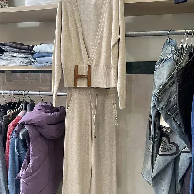 Un suéter y unos pantalones están colgados en un perchero en un armario.