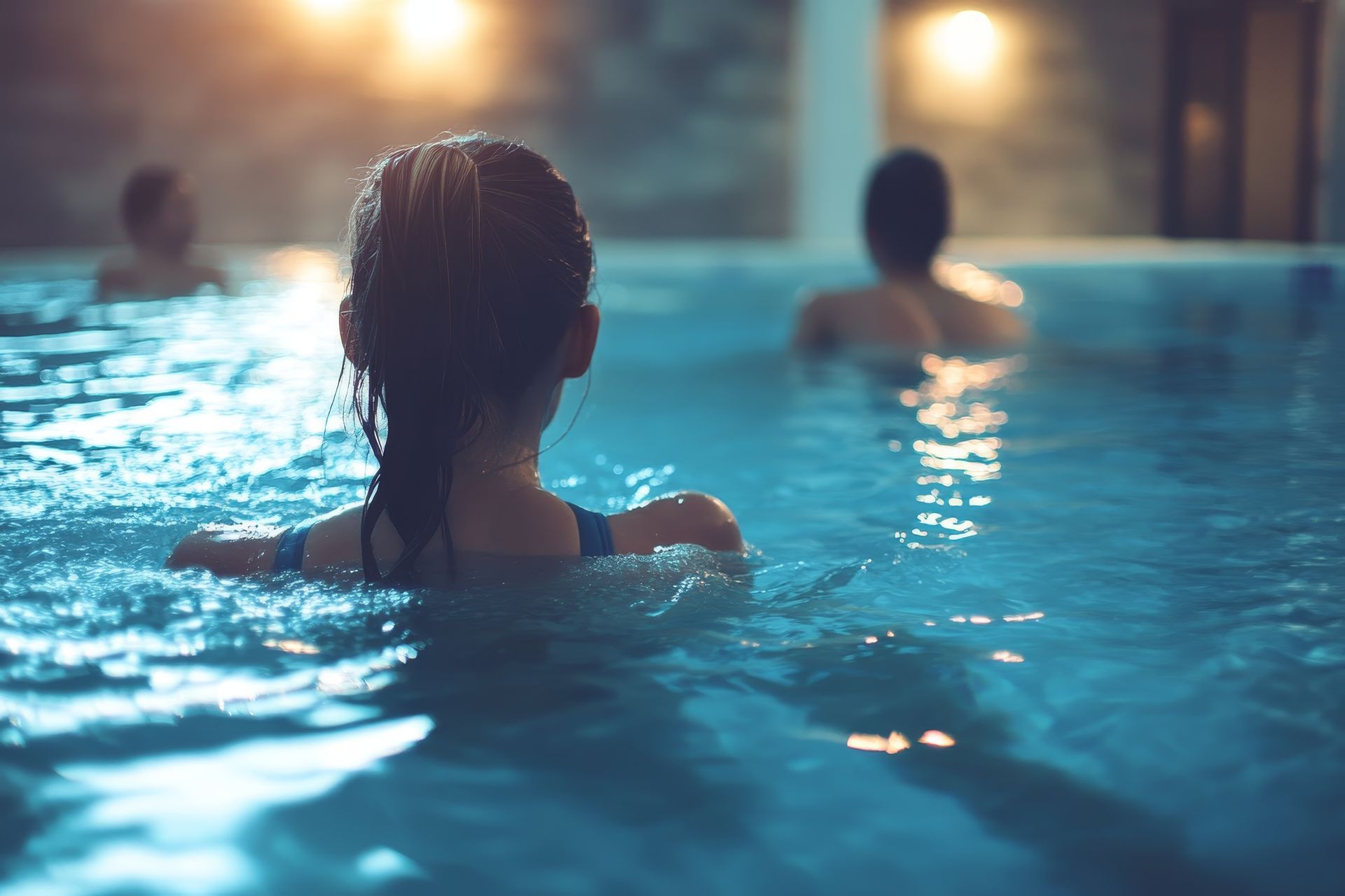 Une femme de dos, à l'intérieur d'une piscine