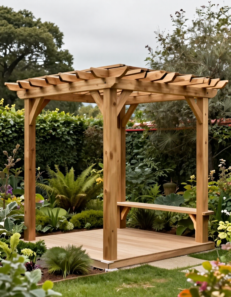 Pérgola de madera sobre una pequeña terraza en un jardín paisajístico en el patio trasero