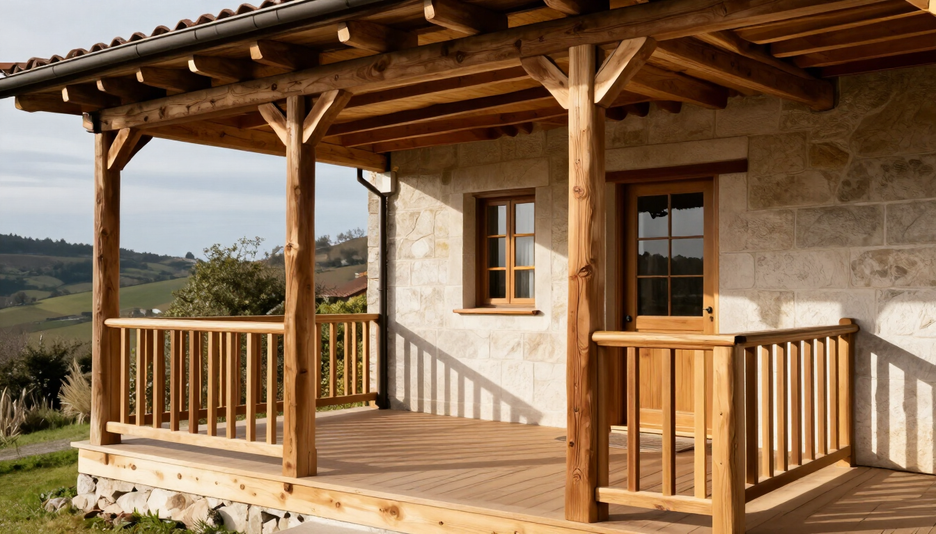 Porche de madera en una casa de campo de piedra con tejado inclinado y vistas al campo