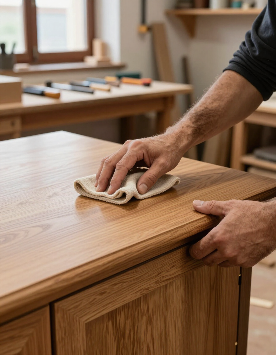 Manos puliendo un armario de madera con un paño en una habitación que parece un taller