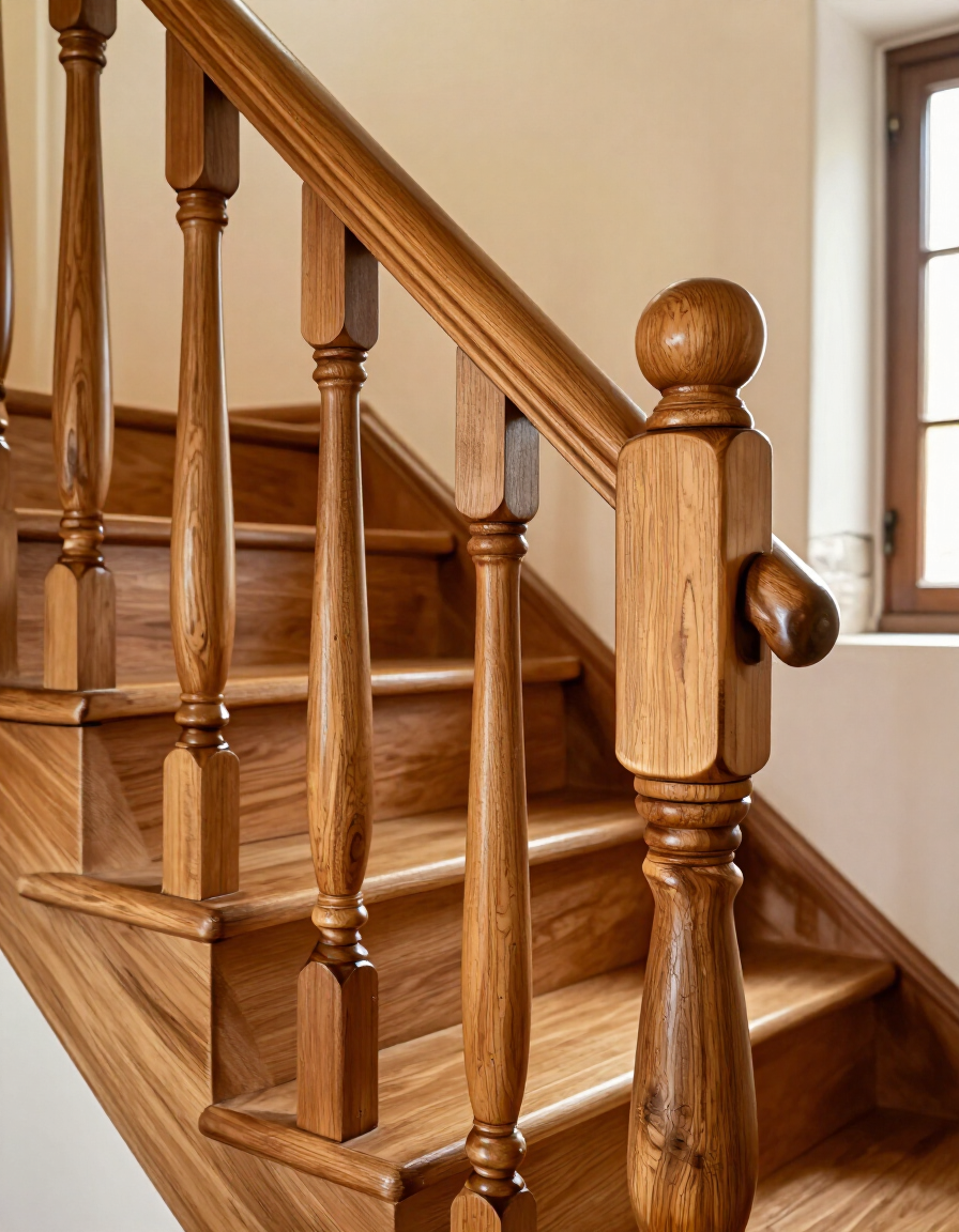 Escalera de madera con pasamanos pulido y balaustres junto a una ventana en el interior de una casa