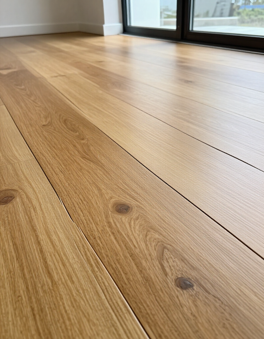 Suelo de madera clara en una habitación luminosa con grandes puertas de cristal y luz natural.