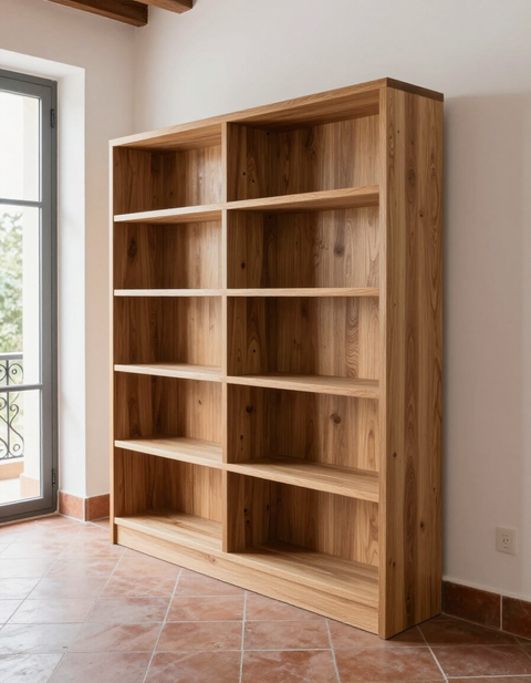 Estantería de madera alta y vacía junto a una pared blanca, en una habitación con suelo de baldosas, cerca de una ventana.