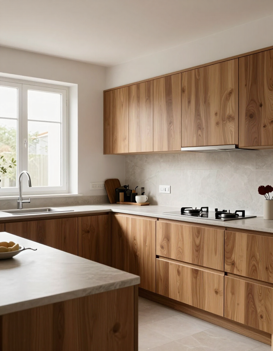 Cocina moderna con armarios de madera, encimeras blancas y una ventana encima del fregadero