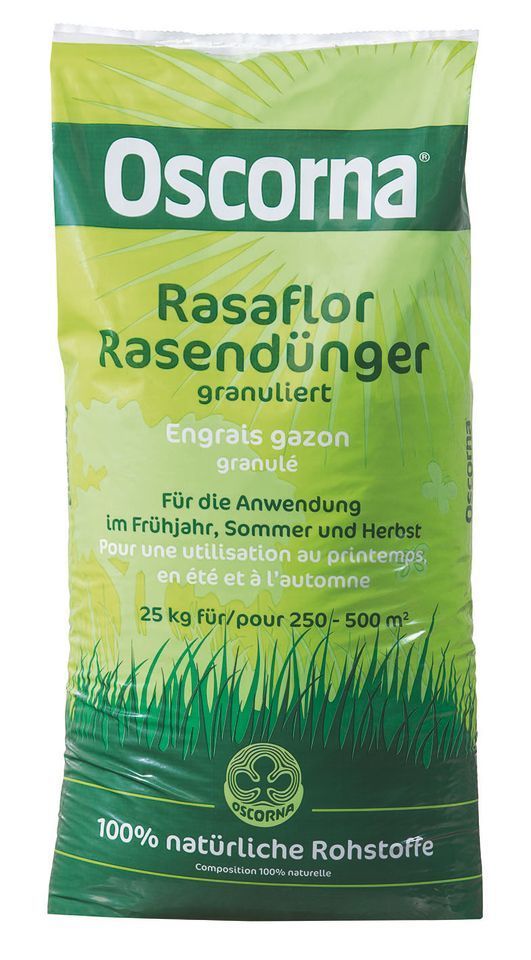 Sack Rasendünger Oscorna Rasaflor. Grüner Sack mit weißem Text. Inhalt 25 kg.