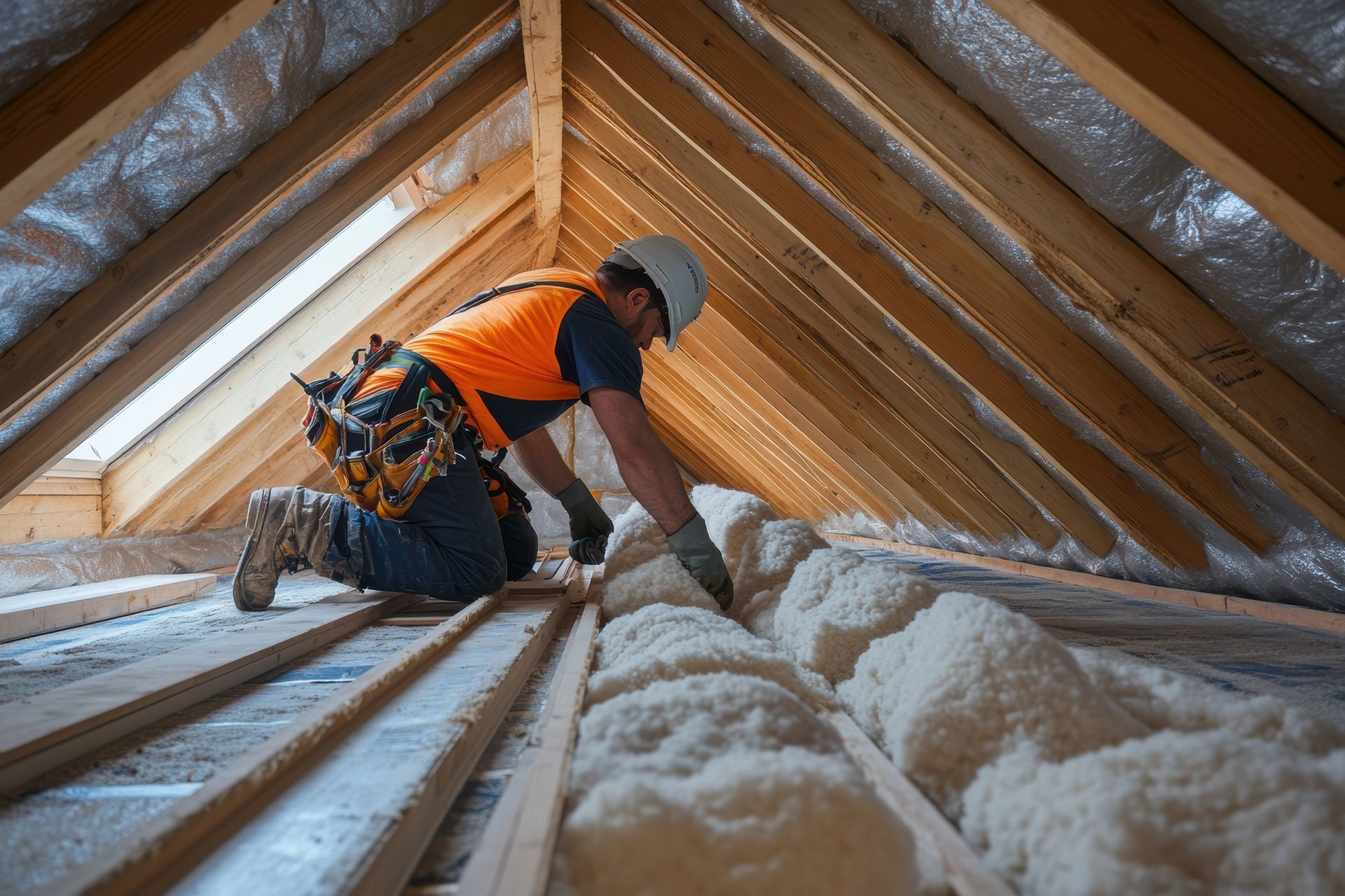 Une personne dans un grenier installe de l'isolant entre les chevrons en bois.