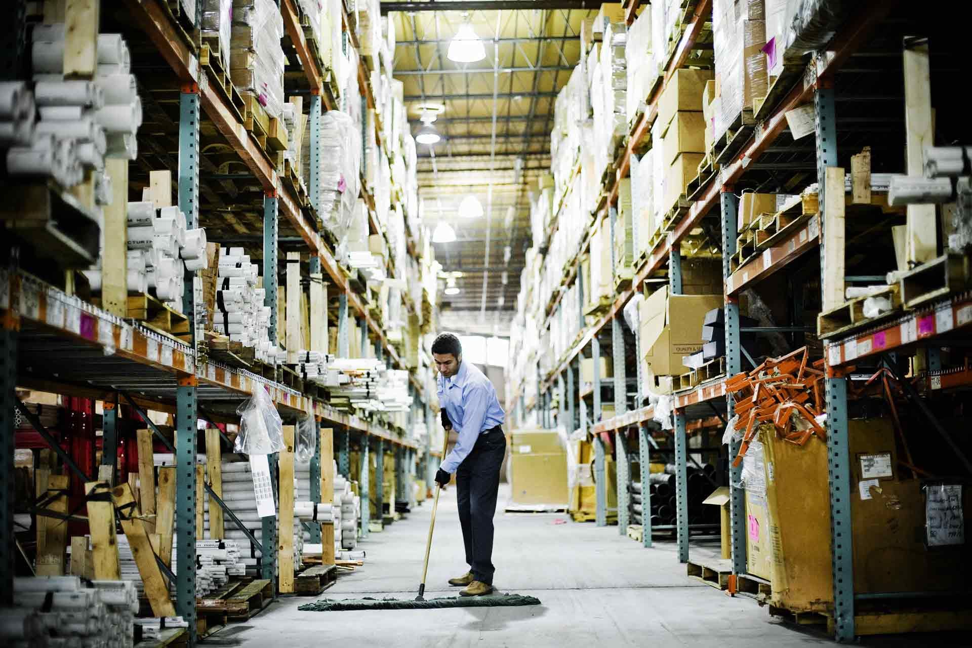 Un homme nettoie le sol d'un entrepôt entre de hautes étagères de stockage remplies d'articles.