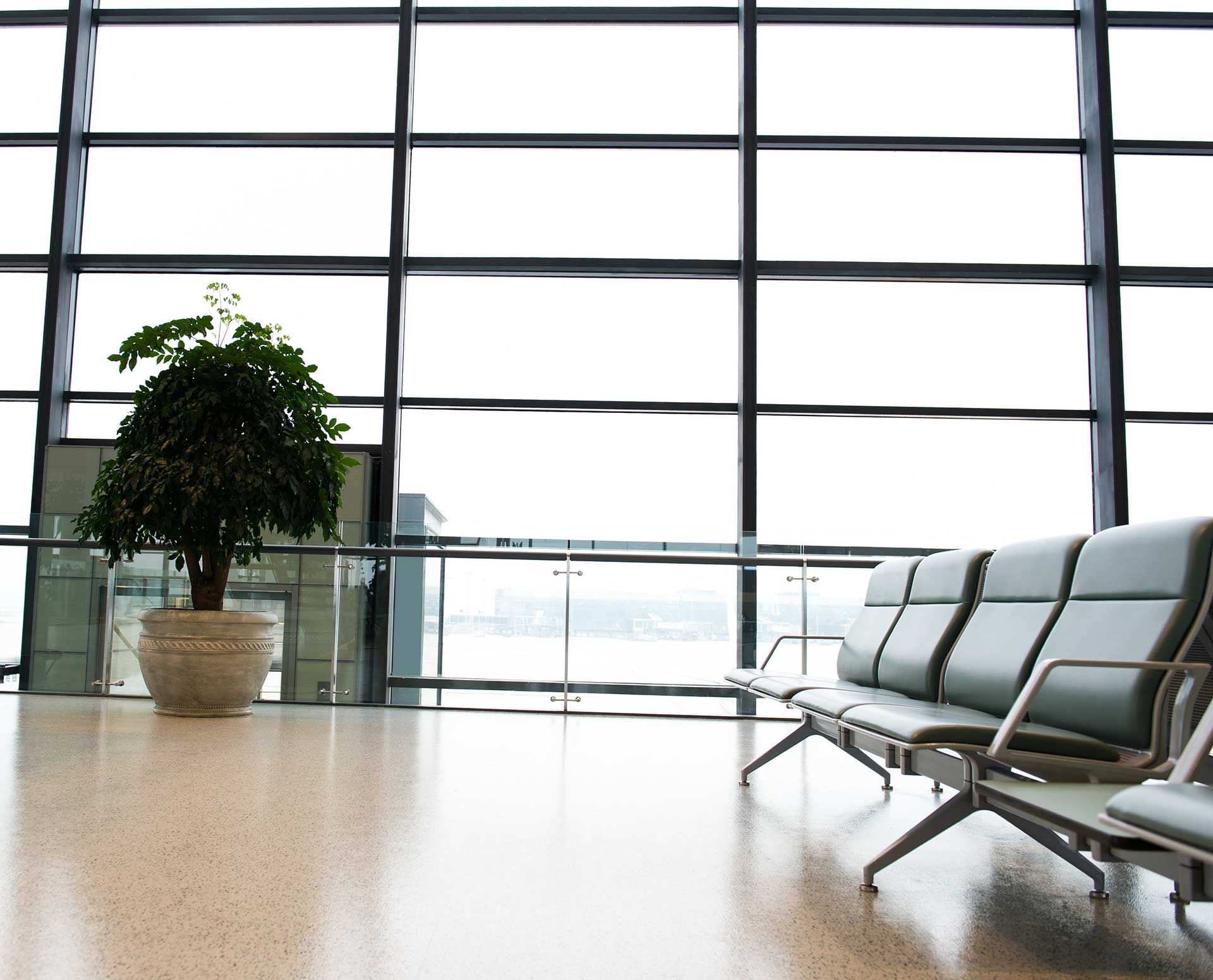 Salle d'attente de l'aéroport avec sièges vides, grandes fenêtres, plante en pot.