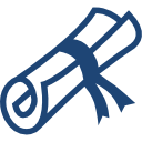 Diplôme bleu roulé avec ruban.