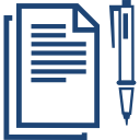 Document bleu avec des lignes de texte et un stylo.