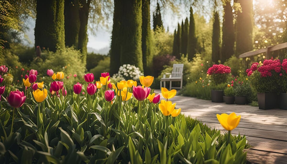 Filas de tulipanes amarillos y rosas bordean un camino de piedra en un exuberante jardín, con un banco blanco y altos cipreses en el fondo.
