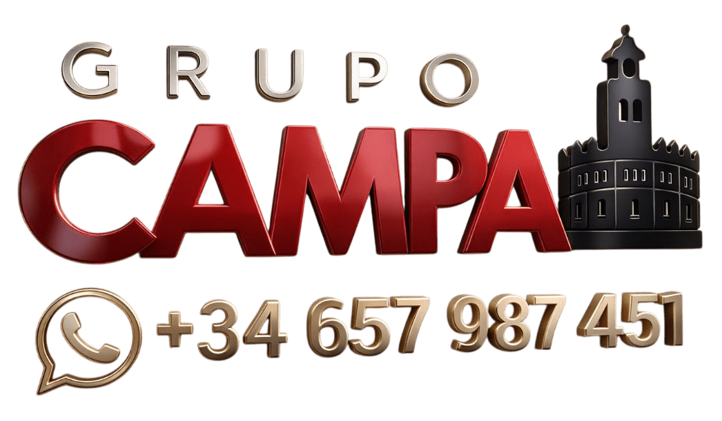 Logotipo para Grupo CAMPA, texto rojo con acentos negros y silueta de edificio.