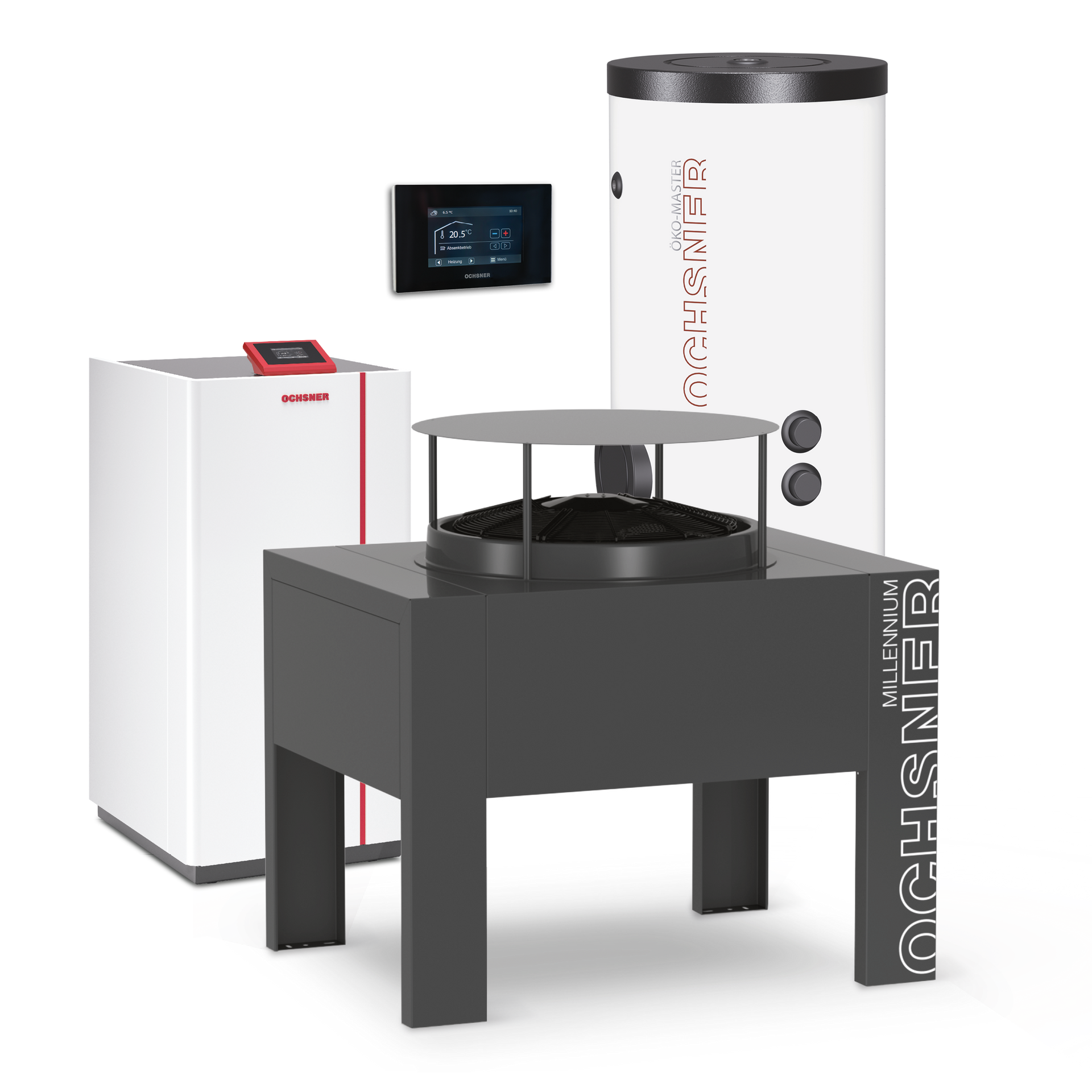 Heizsystem: Pelletofen, Warmwasserspeicher, Bedienfeld und andere Komponenten. Weiß und Grau.
