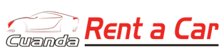 Logotipo para Cuanda Rent a Car, con el contorno de un automóvil y texto rojo sobre fondo blanco.