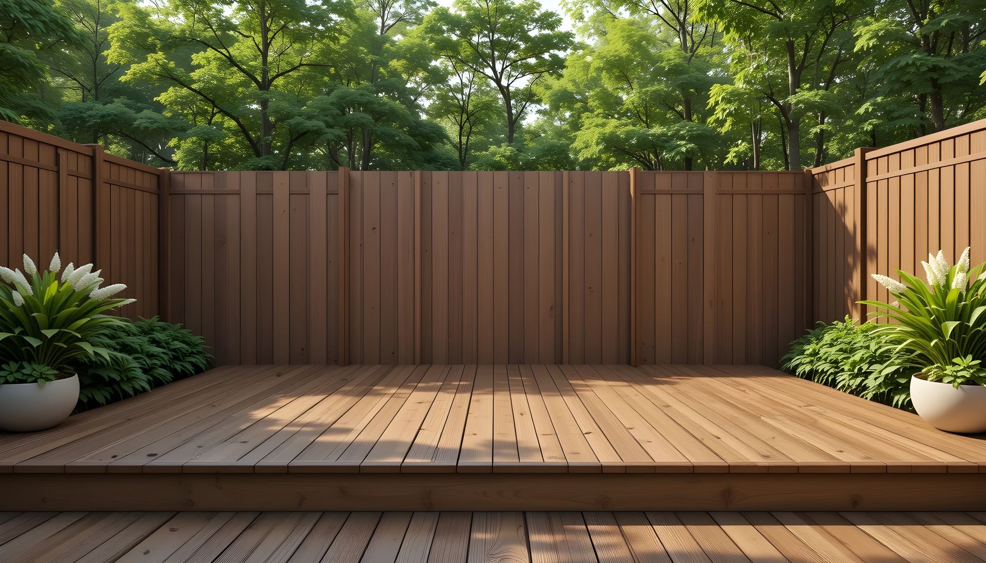 Une terrasse en bois avec une clôture et des plantes en pot.
