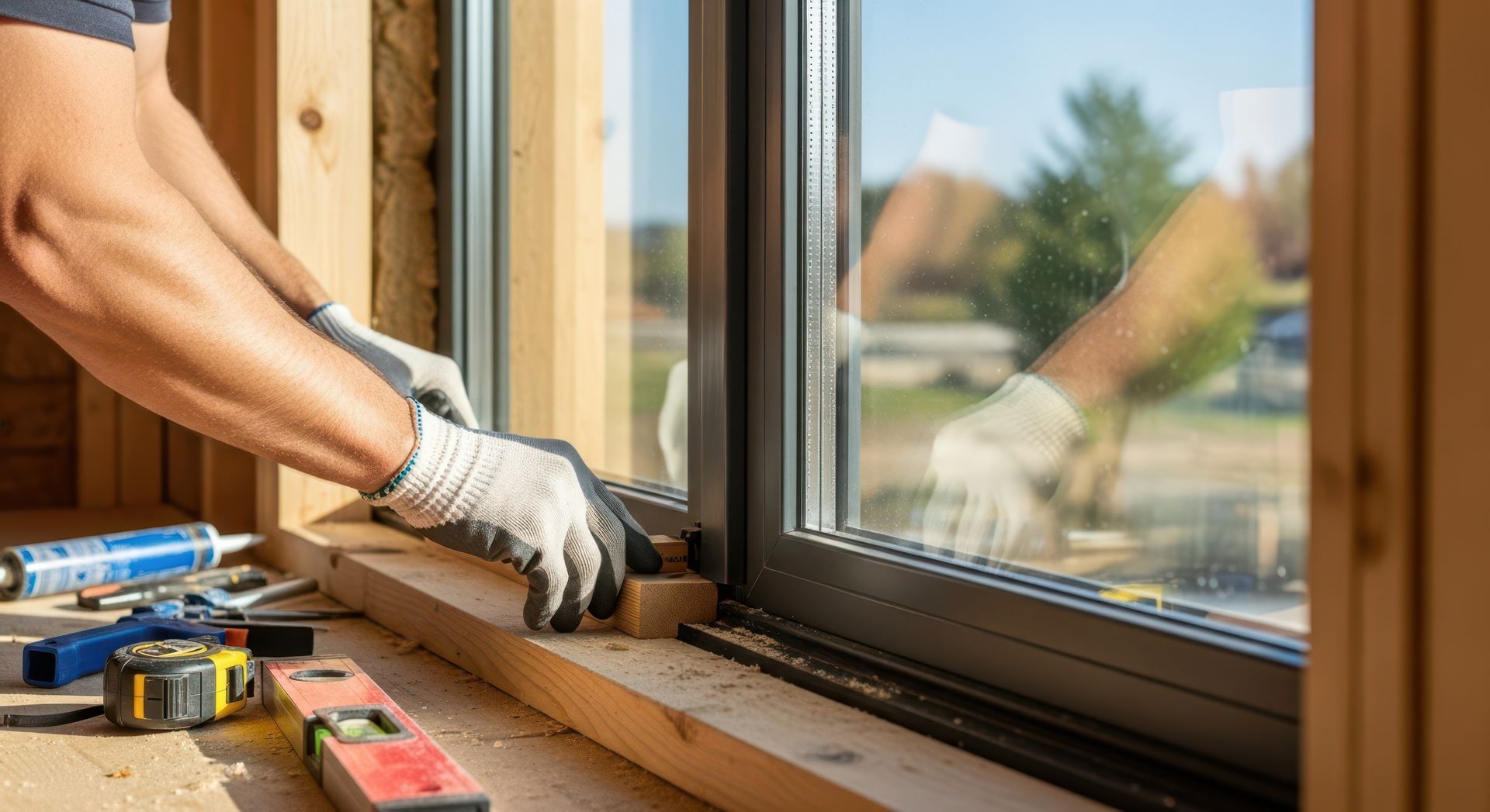 Une personne portant des gants de travail installe un cadre de fenêtre dans un bâtiment en bois, des outils étant visibles sur une surface à proximité.