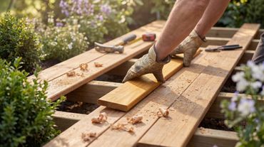 Une personne portant des gants de travail installe une lame de terrasse en bois à l'extérieur, avec des outils.