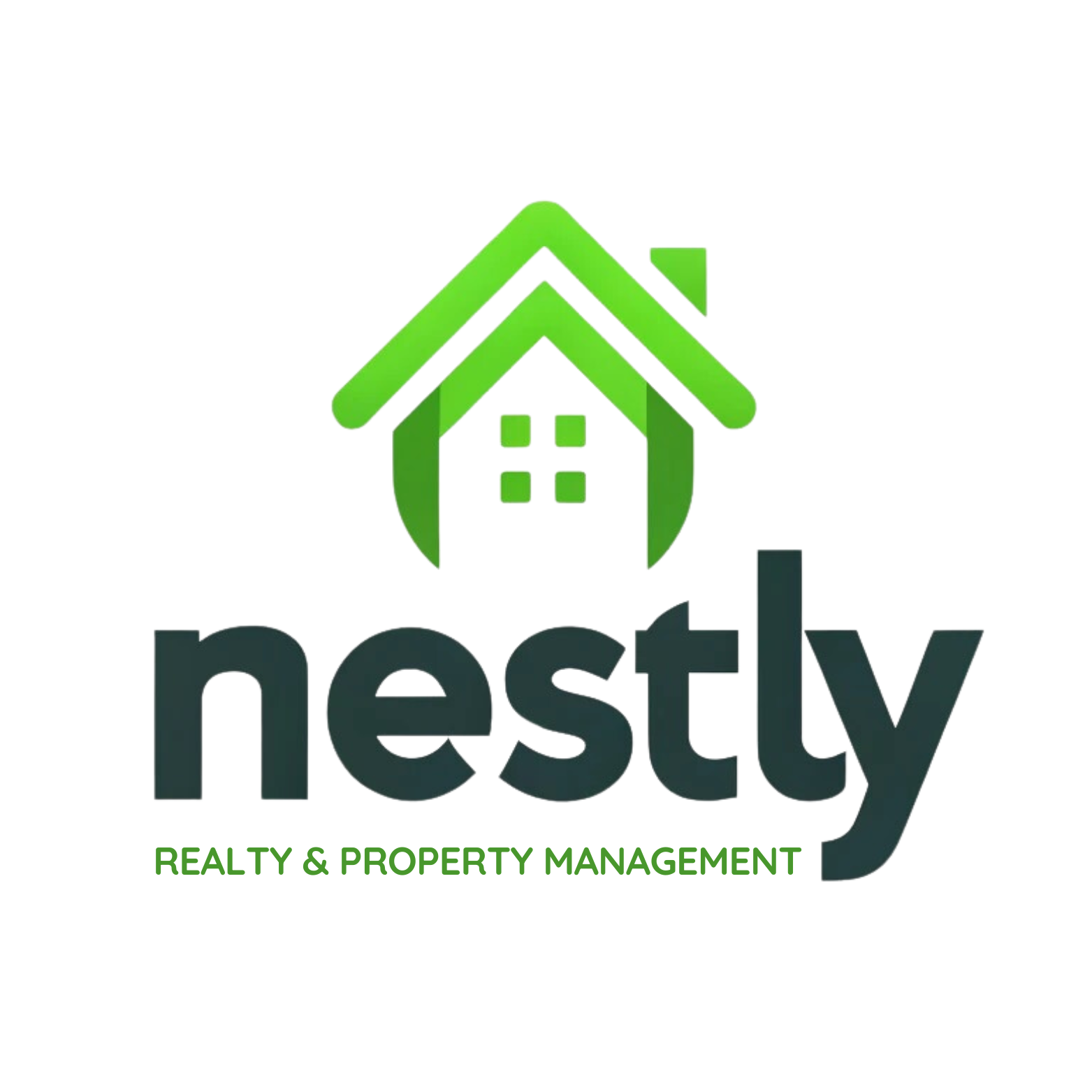 Nestly logo: green house icon above dark green text "nestly Realty & Property Management."