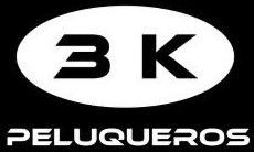 Logotipo en blanco y negro con la inscripción “3K PELUQUEROS” dentro de un óvalo.