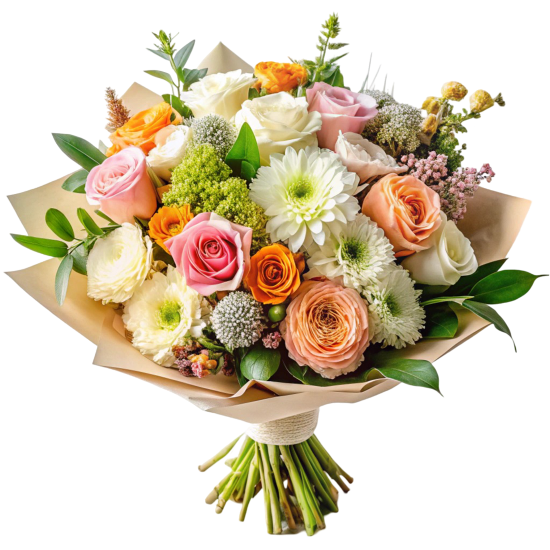 Bouquet de roses colorées et d'autres fleurs, emballé dans du papier brun, attaché avec de la ficelle.