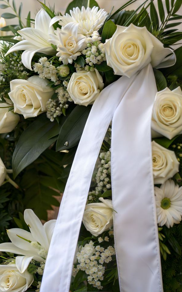 Couronne de fleurs blanches avec des roses blanches et un ruban blanc.