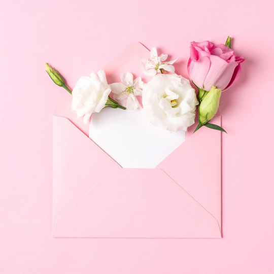 Enveloppe rose avec carte blanche et fleurs, dont des roses blanches et roses, sur fond rose.