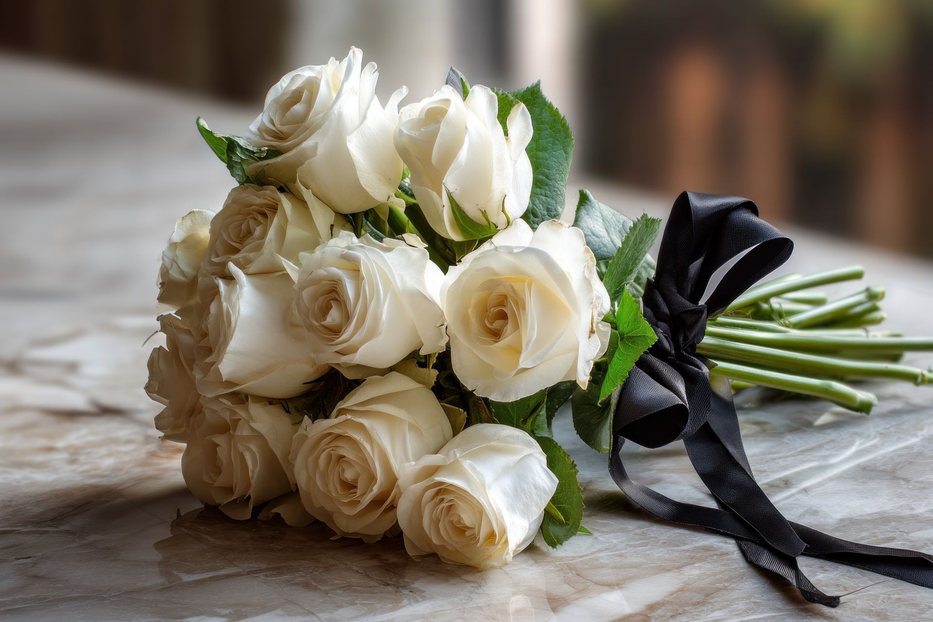 Roses blanches avec un ruban noir, posées sur une surface en marbre.