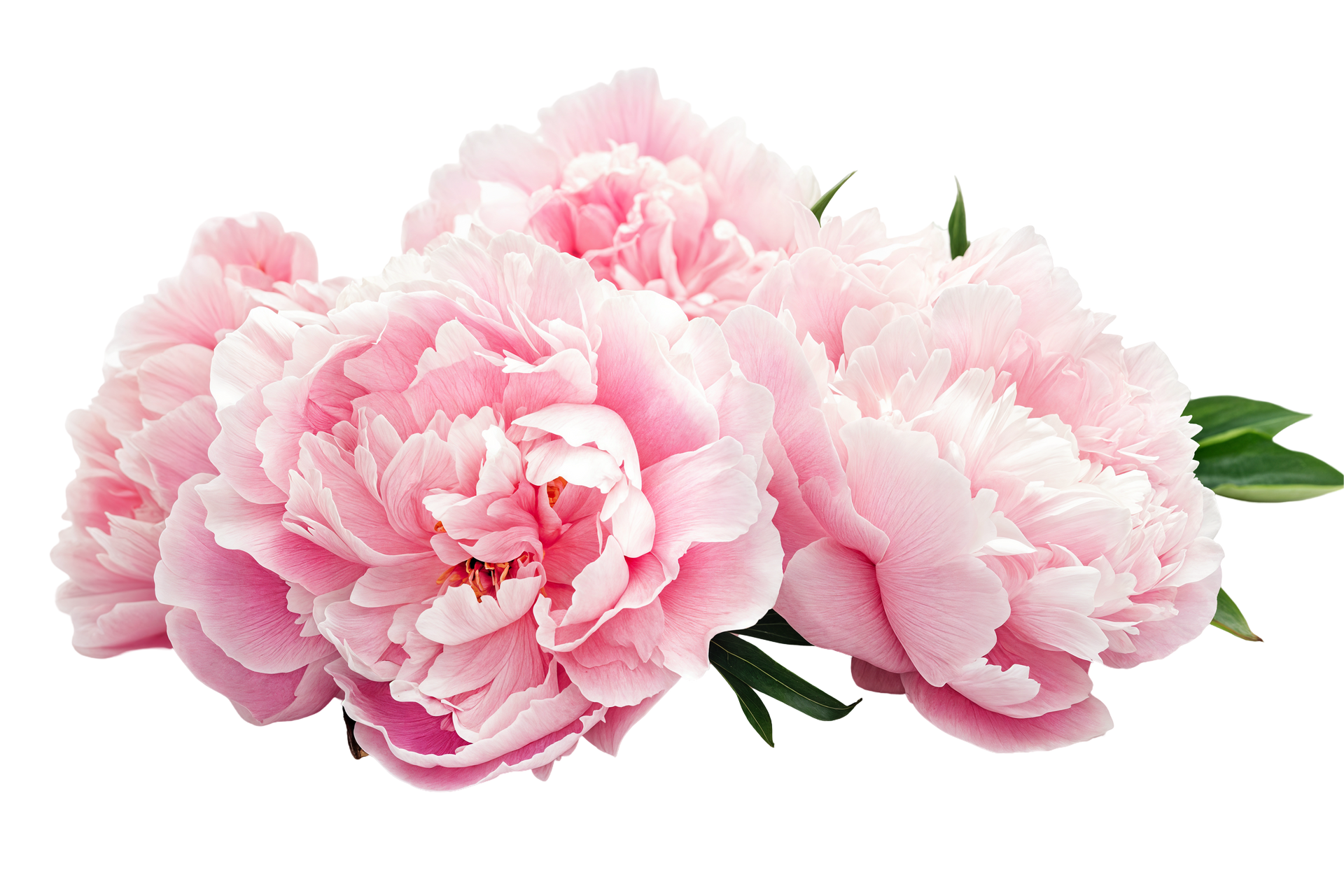 Fleurs de pivoine roses, luxuriantes et pleines, avec des feuilles vertes.