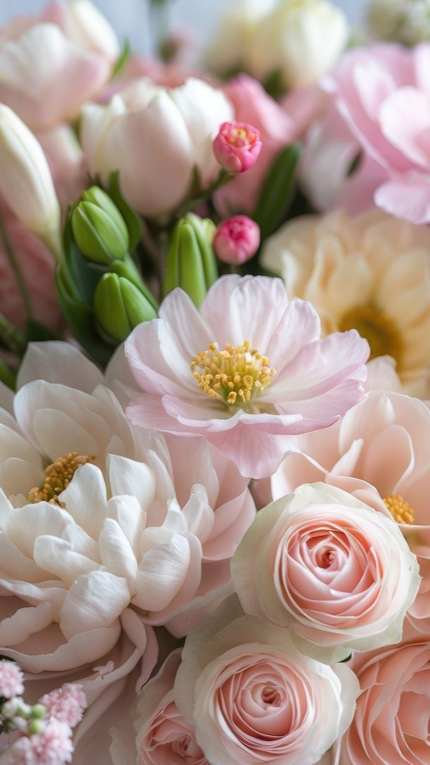 Bouquet de fleurs roses et blanches douces, dont des roses et autres fleurs, gros plan.