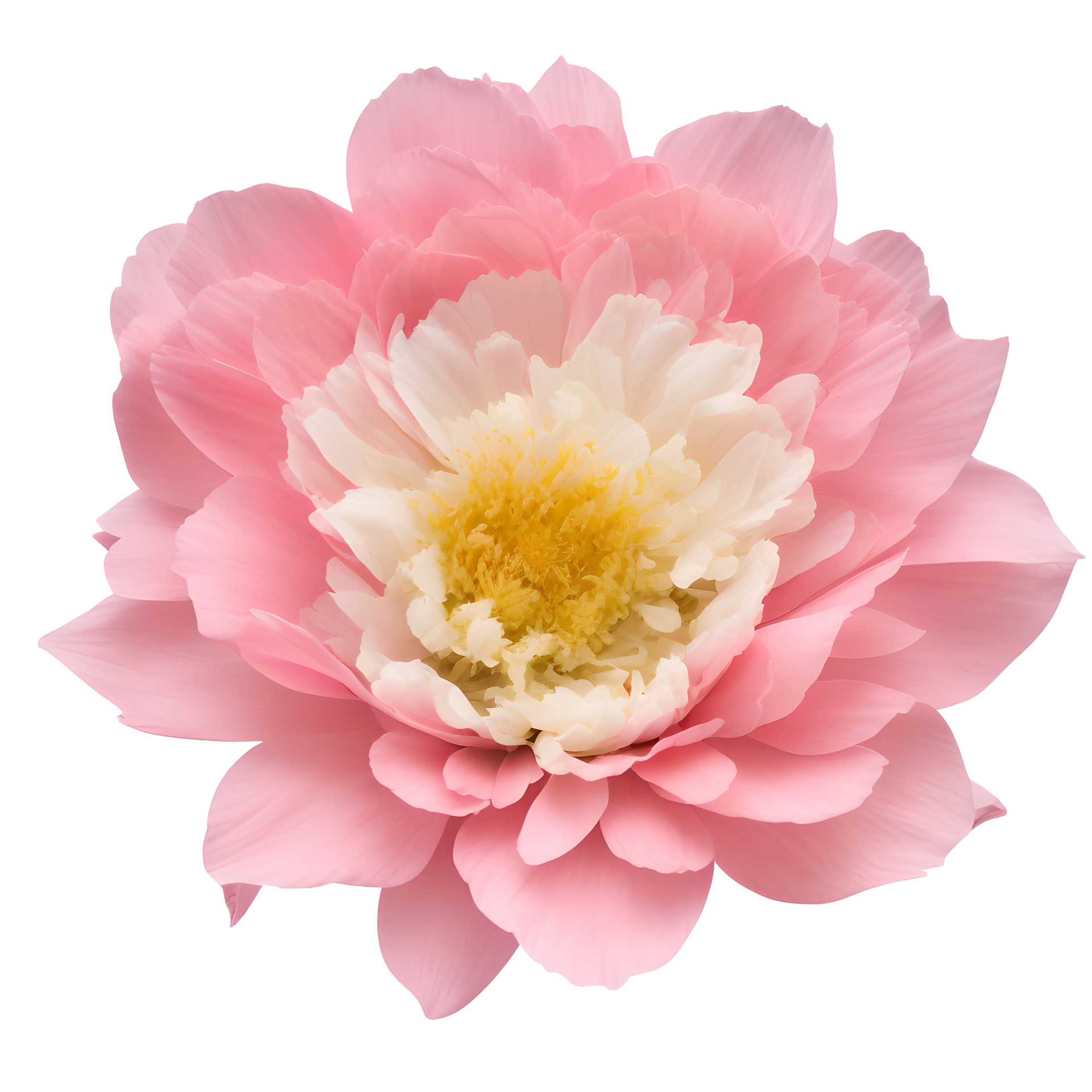 Pivoine rose et blanche à cœur jaune.