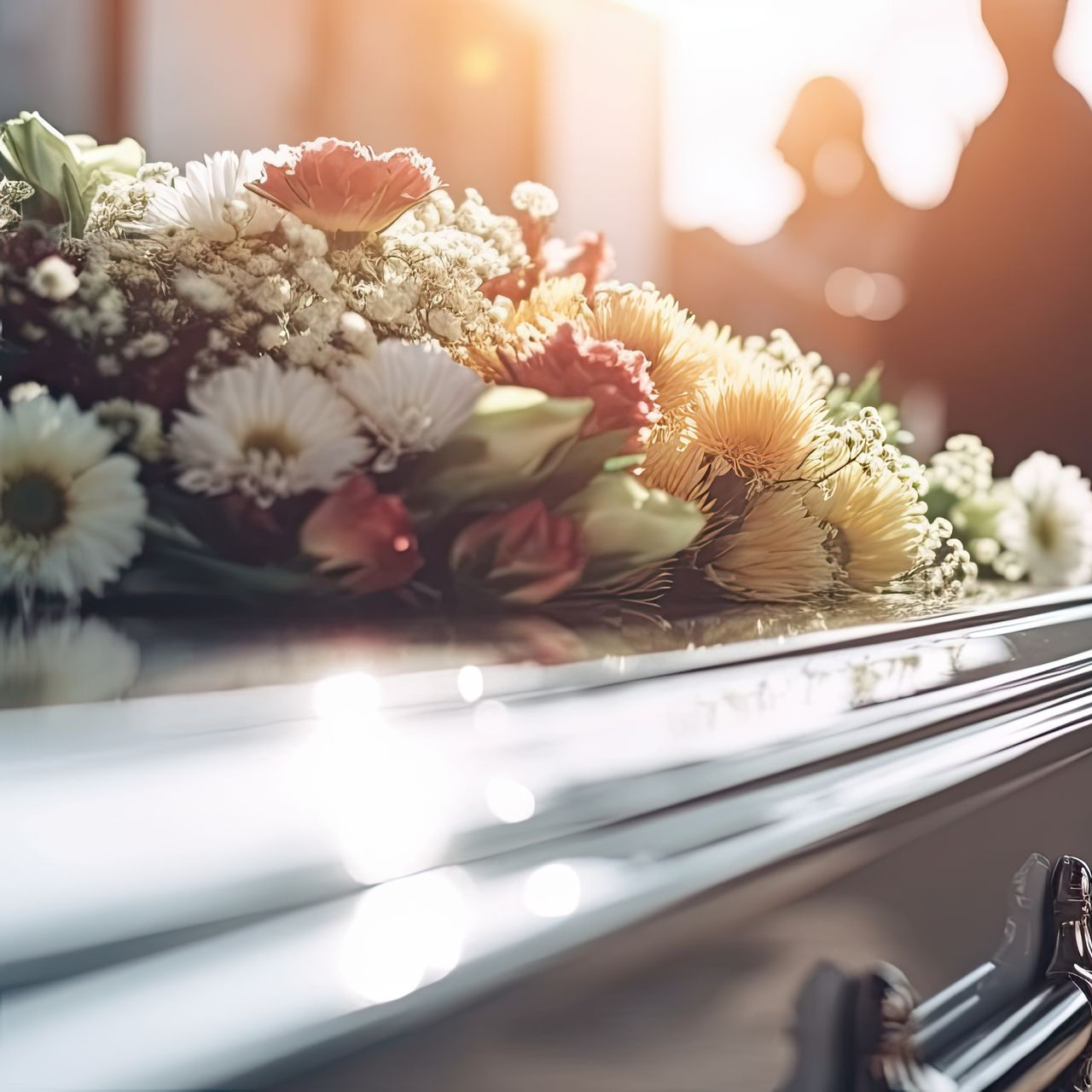 Fleurs sur un cercueil fermé lors d'un enterrement, avec des figures floues en arrière-plan.